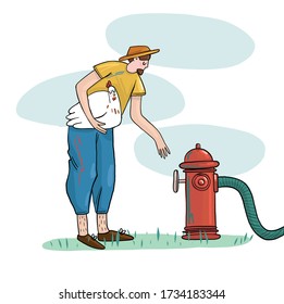 vector illustration on the theme of agriculture and country life. Farmer with his animals. a man with a chicken in his hands takes care of his farm. Summer field work