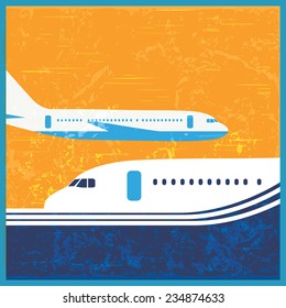 Vector illustration on the theme of air transport and passenger aircraft stylized old postcard