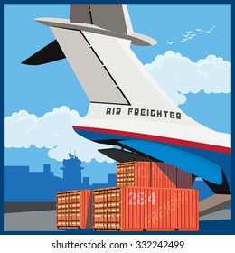 Vector illustration on the theme of air cargo. Loading of containers on board the cargo plane