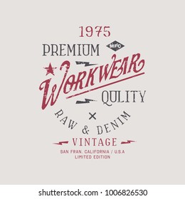 Vector illustration on a theme of American jeans, denim and raw. Vintage design. Grunge background. Typography, t-shirt graphics, print, poster, banner, flyer, postcard