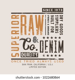 Vector illustration on a theme of American jeans, denim and raw. Vintage design. Grunge background. Typography, t-shirt graphics, print, poster, banner, flyer, postcard