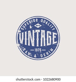 Vector illustration on a theme of American jeans, denim and raw. Vintage design. Grunge background. Stump typography, t-shirt graphics, print, poster, banner, flyer, postcard