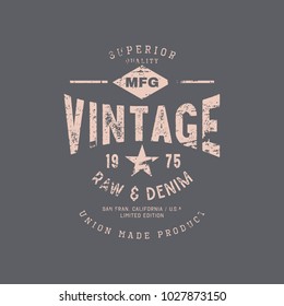 Vector illustration on a theme of American jeans, denim and raw. Vintage design. Grunge background. Stump typography, t-shirt graphics, print, poster, banner, flyer, postcard