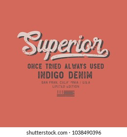 Vector illustration on a theme of American jeans, denim and raw. Vintage design. Grunge background. Typography, t-shirt graphics, print, poster, banner, flyer, postcard
