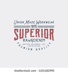 Ilustração vetorial sobre um tema de jeans americanos, jeans e raw. Design antigo. Fundo grunge. Cartaz, cartaz, banner, folheto, cartão-postal, tipografia, gráficos t-shirt, impressão