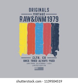 Vector illustration on a theme of American superior jeans, denim and raw. Vintage design. Grunge background.  Typography, t-shirt graphics, print, poster, banner, flyer, postcard