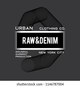 Vector illustration on a theme of American jeans, denim and raw. Abstract design. New York City. Typography, t-shirt graphics, print, poster, banner, flyer, postcard