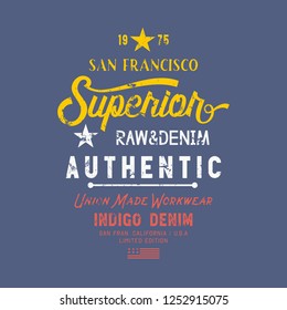 Vector illustration on a theme of American superior jeans, denim and raw. Vintage design. Grunge background.  Stamp typography, t-shirt graphics, print, poster, banner, flyer, postcard
