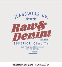 Vector illustration on a theme of American jeans, denim and raw. Vintage design. Grunge background.  