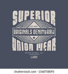 Vector illustration on a theme of American superior jeans, denim and raw. Vintage design. Grunge background. Stamp typography, t-shirt graphics, print, poster, banner, flyer, postcard