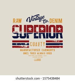 Vector illustration on a theme of American superior jeans, denim and raw. Vintage design. Grunge background.  Typography, t-shirt graphics, print, poster, banner, flyer, postcard