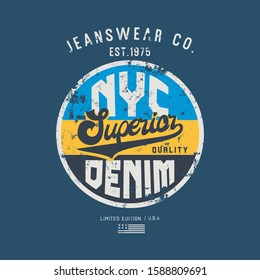 Vector illustration on a theme of American jeans, denim and raw. New York City. Vintage design. Grunge background. Typography, t-shirt graphics, print, poster, banner, flyer, postcard
