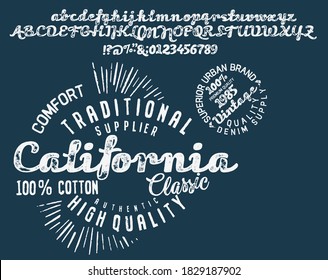 Vector illustration on a theme of American jeans, denim and raw. Vintage design. Grunge background. Typography, t-shirt graphics, print, poster, banner, flyer, postcard.Handmade Vintage Font for label