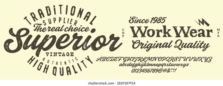 Vector illustration on a theme of American jeans, denim and raw. Vintage design. Grunge background. Typography, t-shirt graphics, print, poster, banner, flyer, postcard.Handmade Vintage Font for label