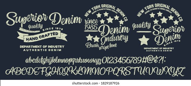 Ilustración vectorial sobre un tema de jeans americanos, denim y crudo. Diseño de época. Borde de fondo. Tipografía, gráficos de camisetas, impresión, afiche, pancarta, volante, postal.Tipo de letra de época artesanal para la etiqueta