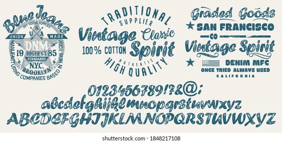 Vector illustration on a theme of American jeans, denim and raw. Vintage design. Typography, t-shirt graphics, print, poster, banner, flyer, postcard. Handmade Vintage Font.