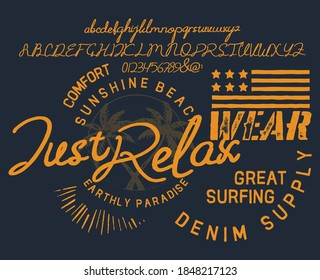 Vector illustration on a theme of American jeans, denim and raw. Vintage design. Typography, t-shirt graphics, print, poster, banner, flyer, postcard. Handmade Vintage Font.