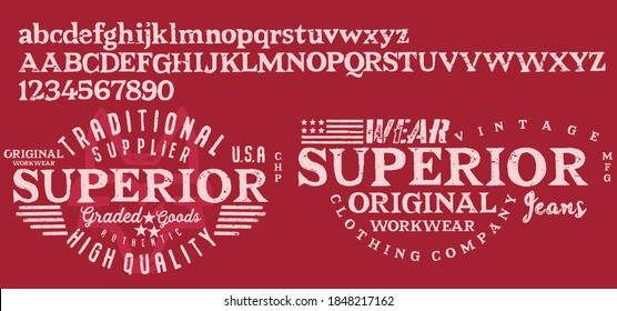 Vector illustration on a theme of American jeans, denim and raw. Vintage design. Typography, t-shirt graphics, print, poster, banner, flyer, postcard. Handmade Vintage Font.
