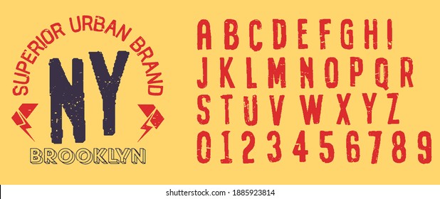 Vector illustration on a theme of American jeans, denim and raw. Craft vintage typeface design. Typography, t-shirt graphics, print, poster, banner, flyer, postcard