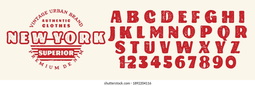 Vector illustration on a theme of American jeans, denim and raw. Craft vintage typeface design. Typography, t-shirt graphics, print, poster, banner, flyer, postcard