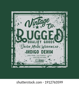 Vector illustration on a theme of American rugged jeans, denim and raw. Vintage design. Grunge background. Typography, t-shirt graphics, print, poster, banner, flyer, postcard