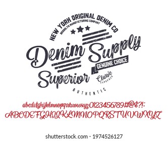 Vector illustration on a theme of American jeans, denim and raw. Vintage design. Typography, t-shirt graphics, print, poster, banner, flyer, postcard. Handmade Vintage Font.