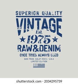 Vector illustration on a theme of American jeans, denim and raw. Vintage design. Grunge background. Typography, t-shirt graphics, print, poster, banner, flyer, postcard