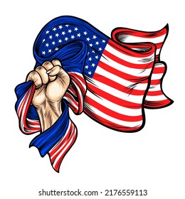 Vector Illustration on the theme american Independence Day. Hands with american flags. Vector of the national flag of america