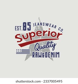 Vector illustration on a theme of American superior jeans, denim and raw. Vintage design. Grunge background. Typography, t-shirt graphics, print, poster, banner, flyer, postcard