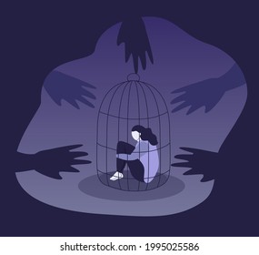 vector illustration on the theme of anxiety, fear, bullying. girl sits in a cage, hugging her knees. many hands reach out to her from the darkness. trend illustration in flat style