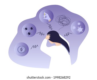 vector illustration on the theme of anxiety, phobias, fears. the girl holds her head with her hands, around her - various phobias. trend illustration in flat style