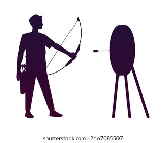 Vector illustration on the theme of archery: a stencil of a male archer silhouette shooting at a target with a bow and arrow, ideal for a logo on an isolated background.