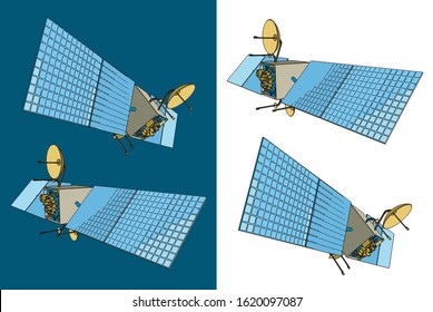 Vector illustration on the theme of artificial satellites and the space industry. Artificial satellite close-up from different angles