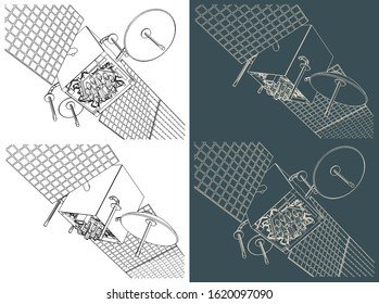 Vector illustration on the theme of artificial satellites and the space industry. Artificial satellite close-up from different angles