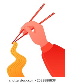 Vector illustration on the theme of Asian traditional food. Stylized hand-drawn clip art with a hand holding noodles with chopsticks. Isolated on white background flat vector