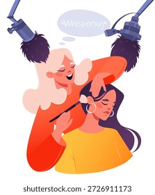 Vector illustration on theme of ASMR. Process of filming video by blogger and her model, category of ASMR videos with personal attention, where person is given pleasant massage with brushes and in process they whisper pleasantly and gently