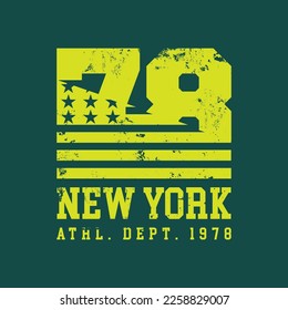 Vector illustration on the theme of athletic in New York City. American flag. Vintage design. Grunge background.  Number sport typography, t-shirt graphics, poster, print, banner, postcard