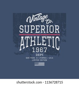 Vector illustration on the theme of athletics. Vintage design. Grunge background.  Sport typography, t-shirt graphics, poster, print, banner, flyer, postcard