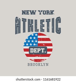 Vector illustration on the theme of athletics in New York City, Brooklyn. Vintage design. Grunge background. American flag. Sport typography, t-shirt graphics, poster, print, banner, flyer, postcard