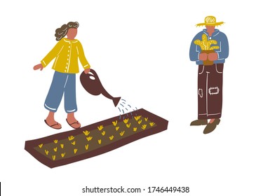 Vector illustration on the theme of the autumn season. A guy is a farmer and a girl is watering flowers. Care of plants. Village. The beds and plants.
