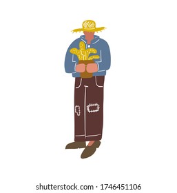 Ilustración vectorial sobre el tema de la temporada de otoño. Un tipo es un granjero. Cuidado de las plantas. Aldea. 