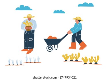 Vector illustration on the theme of the autumn season. A guy is a farmer and a girl is watering flowers. Care of plants. Village. The beds and plants.