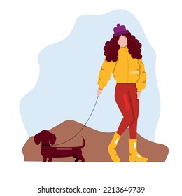 Vector illustration on the theme of autumn with the image of a girl in autumn clothes with a dachshund