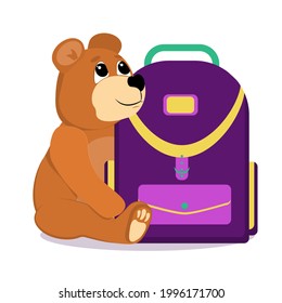 vector illustration on the theme "Back to school".Teddy bear with a school backpack isolated on a white background.