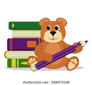 vector illustration on the theme "Back to school".A teddy bear with textbooks and a pencil in his hands, isolated on a white background.