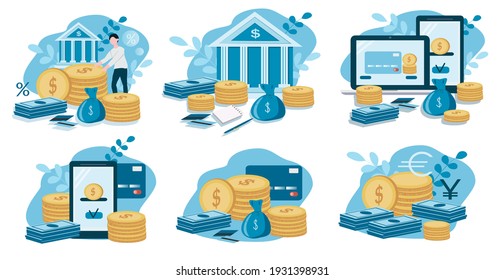 vector illustration on the theme of banks, money, financial services, exchange rates. set of flat illustrations. cash, coins, credit cards, mobile banking, e-commerce, internet payments.  for web, app