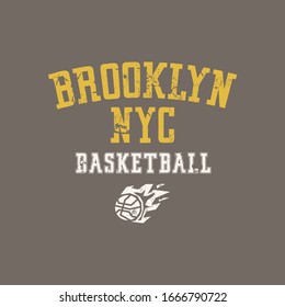 Vector illustration on the theme of basketball in New York City, Brooklyn. Vintage design. Grunge background.  Sport typography, t-shirt graphics, poster, banner, flyer, print and postcard