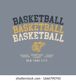 Vector illustration on the theme of basketball in New York City. Vintage design. Grunge background.  Sport typography, t-shirt graphics, poster, banner, flyer, print and postcard