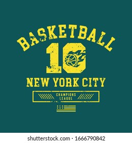 Vector illustration on the theme of basketball in New York City, Brooklyn. Vintage design. Grunge background.  Number sport typography, t-shirt graphics, poster, banner, flyer, print and postcard