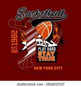 Vector illustration on the theme of basketball in new york city. Sport typography, t-shirt graphics, poster, banner, flyer, print and postcard

